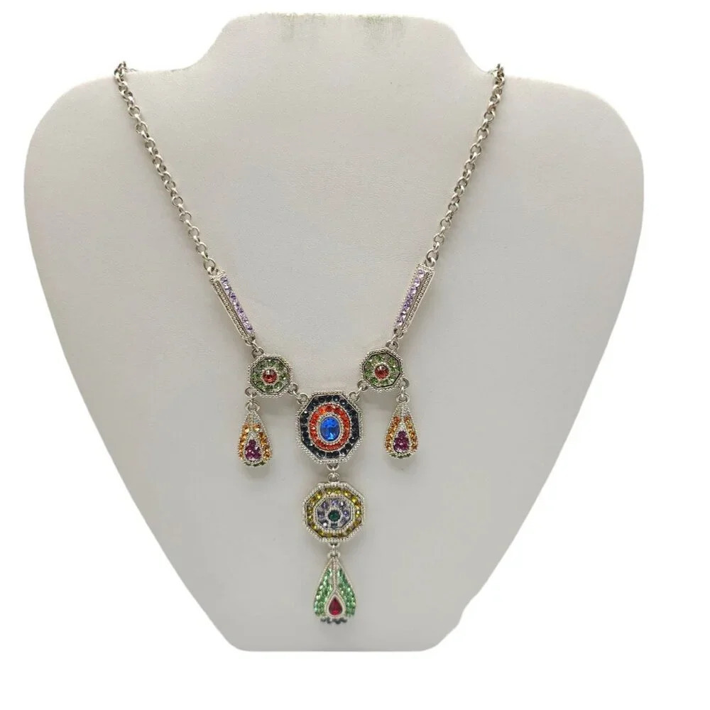 Multicolor Rhinestone Chandelier Statement Necklace Silver Tone Vintage